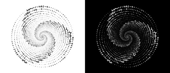 Aufkleber - Abstract numbers one and zero in a  spiral. Big data or chaos concept, logo icon or tattoo. Black shape on a white background and the same white shape on the black side.