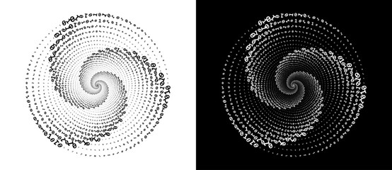 Aufkleber - Abstract numbers one and zero in a  spiral. Big data or chaos concept, logo icon or tattoo. Black shape on a white background and the same white shape on the black side.
