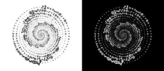 Fototapete - Abstract numbers one and zero in a  spiral. Big data or chaos concept, logo icon or tattoo. Black shape on a white background and the same white shape on the black side.