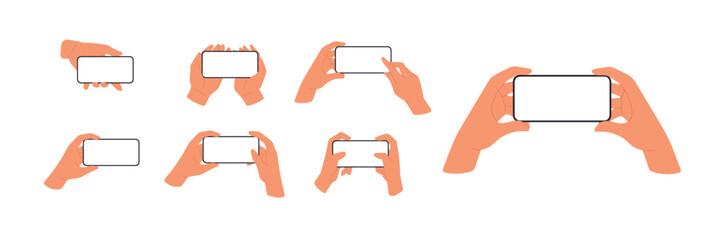 Poster - Mobile phones mockups, horizontal smartphone screens in hands set. Flat vector illustrations