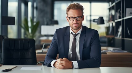 A young, successful businessman is sitting at his workplace in an office setting.