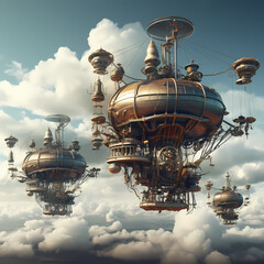 Poster - Steampunk-inspired flying machines in a cloudy sky.