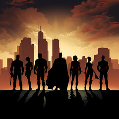 Wall Mural - Superhero silhouettes against a city skyline.