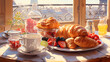 Traditional French breakfast, food, meal, dish, dinner, healthy, delicious, cuisine, juice, meat, plate, gourmet, croissants, closeup, coffee, salad, fruits, France, landscape format 16:9