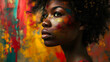 Celebrate racial equality and justice with a beautiful black woman on an abstract paint-splattered background for Black History Month, featured on a red, yellow, and green banner,
