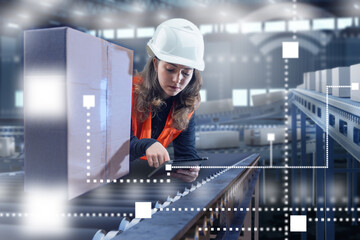 Poster - Warehouse automation. Woman storage specialist. Warehouse with conveyors for boxes. Autonomous warehouse manager. Storekeeper girl uses tablet. Woman adjusts work of conveyor. Fulfillment automation