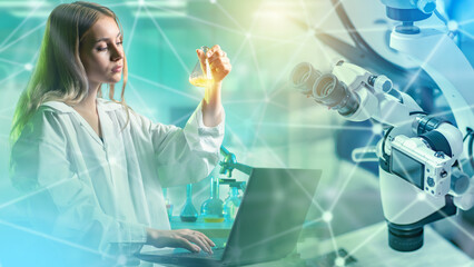 Poster - Woman scientist with laptop. Girl biologist holds test tube in hand. Scientist at laboratory table. Girl laboratory assistant. Woman scientist with electron microscope. Scientific research