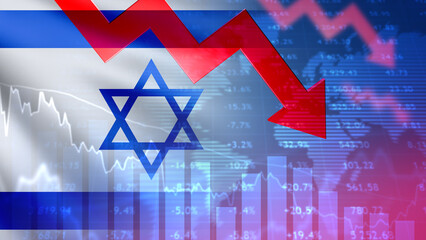 Wall Mural - Financial crisis in Israel. Down arrow near national flag. Graph shows beginning of crisis. Negative stock exchange quotes in Israel. Financial crisis caused by inflation. Israel economy. 3d image