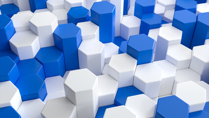 Poster - Three-dimensional background. White and blue texture. Octagon pattern. 3d background. Backdrop for design. Volumetric octagons. Modern texture for presentation. Dynamic background. 3d image