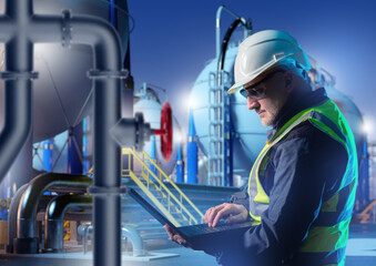 Poster - man factory engineer. employee at chemical plant. factory contractor with laptop. inspector monitors