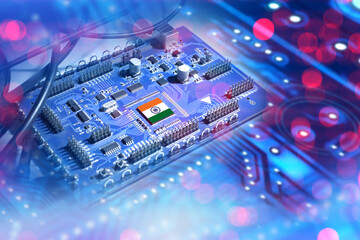 Poster - Microprocessor with India flag. Computer chip. PCB close-up. Concept for microprocessor production in India. Digital board being tested. Indian semiconductor industry. Motherboard made in India