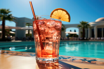 Refreshing cocktail with ice and a straw in a glass stands on the edge of the pool in the hotel on a summer day