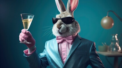 Wall Mural - A rabbit holding up a glass of wine in the Party.