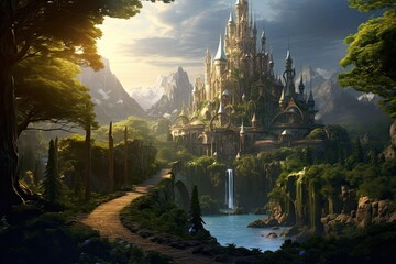 Poster - Magic Fairy Tale Landscape with Castle and waterfall. 3D Rendering, AI Generated