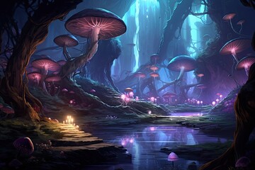 Poster - Fantasy landscape with mushrooms in the forest. 3D rendering, AI Generated