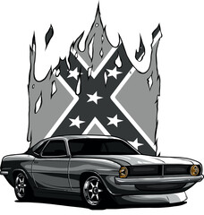 Wall Mural - monochromatic illustration of muscle car with confederate flag