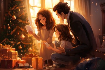 Poster - Happy family decorating the Christmas tree at home. New Year concept, A family decorating a Christmas tree together, AI Generated