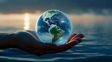 Hand Holding Earth Globe Near Lake. World Water Day Concept.