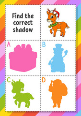 Canvas Print - Find the correct shadow. Education developing worksheet for kids. Puzzle game. Activity page. cartoon character. Vector illustration.