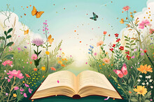 An Open Book Is Lying On The Spring Landscape. Butterflies And Flowers. Escape From Reality Escapism