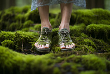 A Close-up Of A Person's Bare Feet Standing On A Patch Of Soft Moss, Connecting To The Ground And Embracing The Present