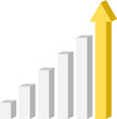 Ascending bar graph showing a sequence of grey bars increasing in height, ending with a large yellow arrow indicating upward growth
