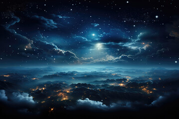 Panoramic night mountain landscape from above