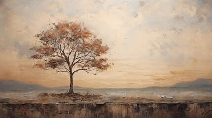 vintage color oil painting landscape with lonely tree on wall