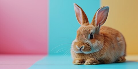 Wall Mural - Cute little ginger bunny on gradient colorful background. Easter concept