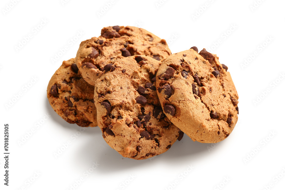 Tasty cookies with chocolate chips on white background