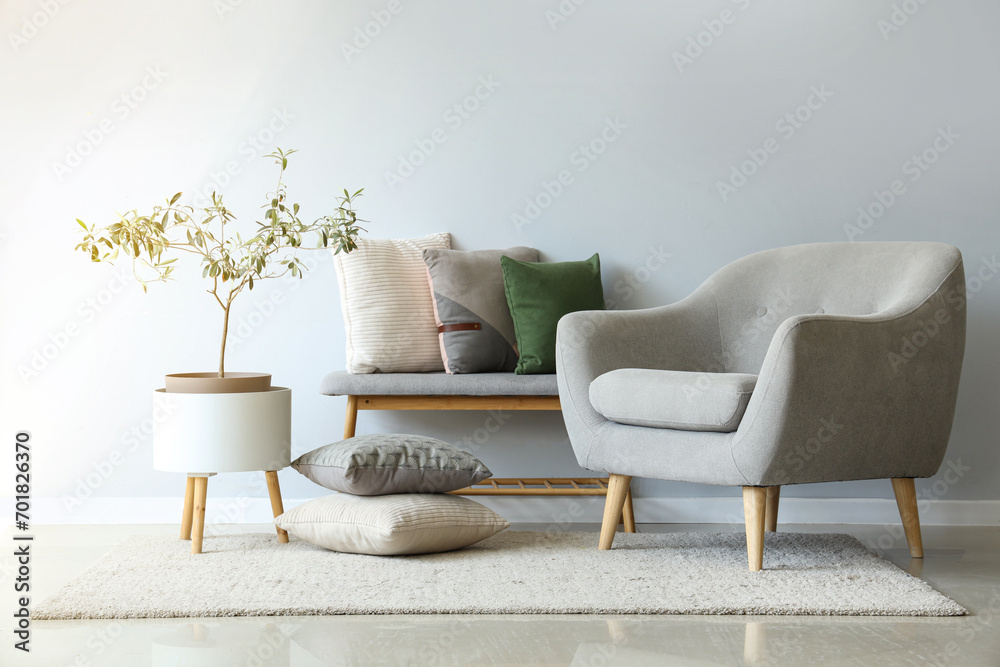 Grey armchair and bench with soft cushions near white wall