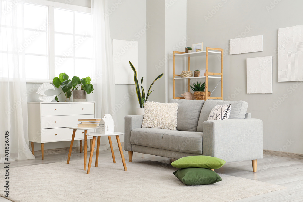 Grey sofa with cushions in interior of modern living room