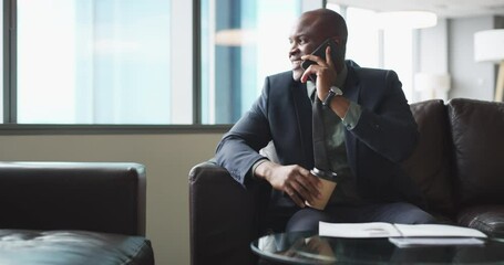 Aufkleber - smartphone call, talking and professional black man consulting with user, financial advisor or inves