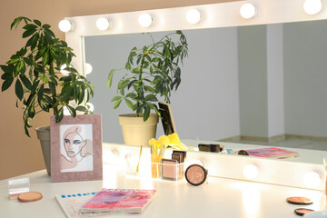 Canvas Print - Dressing table with cosmetics and glowing mirror in makeup room