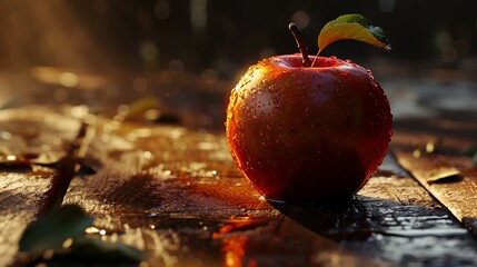 Ripe red apple with water drops on wooden table, closeup