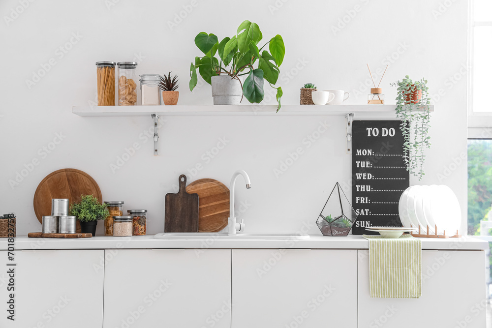 White counters with sink, houseplants and utensils in interior of modern kitchen