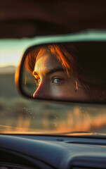 Face of woman reflected in car rear view mirror