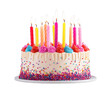 Colorful birthday cake with candles isolated on transparent background. PNG file, cut out