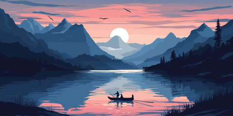 illustration traveling boat in river, beautiful landscape, green trees, natural light, nature landsc