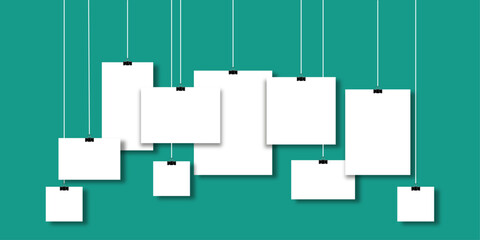 Blank hanging list photo frame. Concept poster mockup gallery portfolio. Creative A4 sheet vector illustration isolated on background.