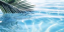 Palm Leaf Isolated On Sunny Blue Rippled Water Surface, Summer Beach Holidays Background Concept With Copy Space