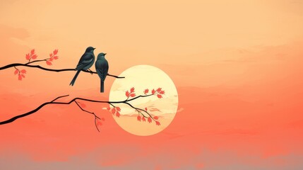 Silhouettes of two birds on a branch against the background of sunrise