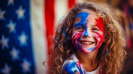 A cute child with the colors of the flag of the United States of America painted on his face.