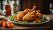 crispy fried chicken on a plate with salad and carrot