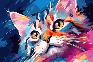  Close-up of a cat's face in a painted style. Illustration for cover, card, postcard, interior design, decor or print