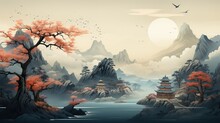 Illustration Of A Chinese Landscape With Mountains, Pagoda And Lake