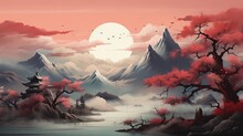 Beautiful Japanese Landscape With Pagoda And Mountains In Paper Art Style