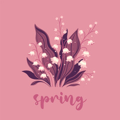  Spring card or poster with lilies of the valley in pink tones. Vector graphics.