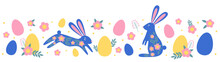  Flat Vector Illustration With Two Blue Bunnies With Flowers And Egg  And Lettering In The Middle. Easter Holiday Symbols, Border, Greeting Card.