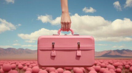 girl's hand holds retro pink suitcase on the sky background. Travel concept. Generative AI	